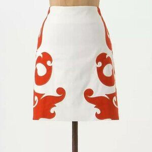 Anthropologie Vanessa Virginia Cream Pencil Skirt with Orange Appliques, Size 4